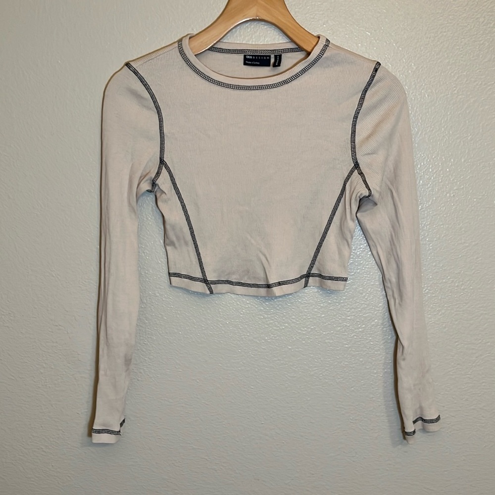 ASOS Design Cream Cotton Long Sleeve Cropped Shirt